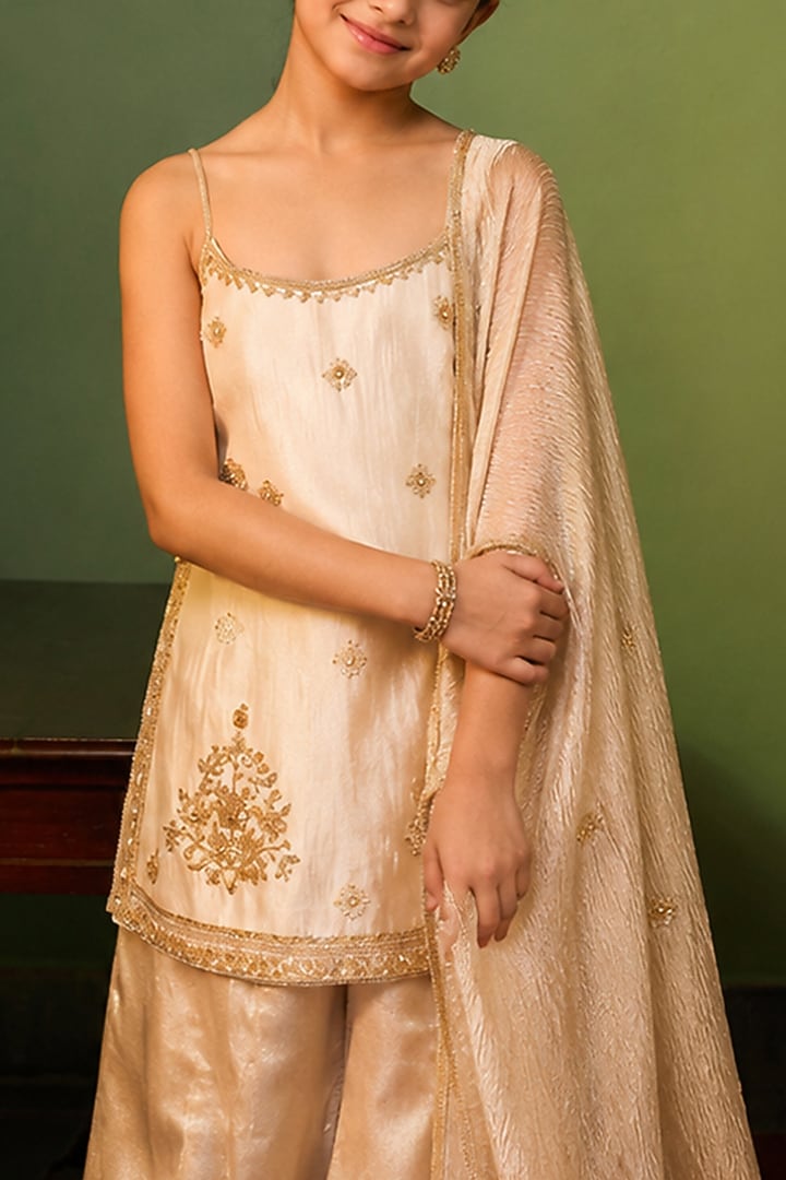 Custard Banarasi Shimmer Hand Embroidered Sharara Set For Girls by Zoon Tribe Kids at Pernia's Pop Up Shop