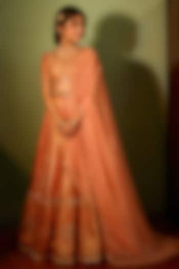 Orange Tissue Aari Embroidered Lehenga Set For Girls by Zoon Tribe Kids at Pernia's Pop Up Shop