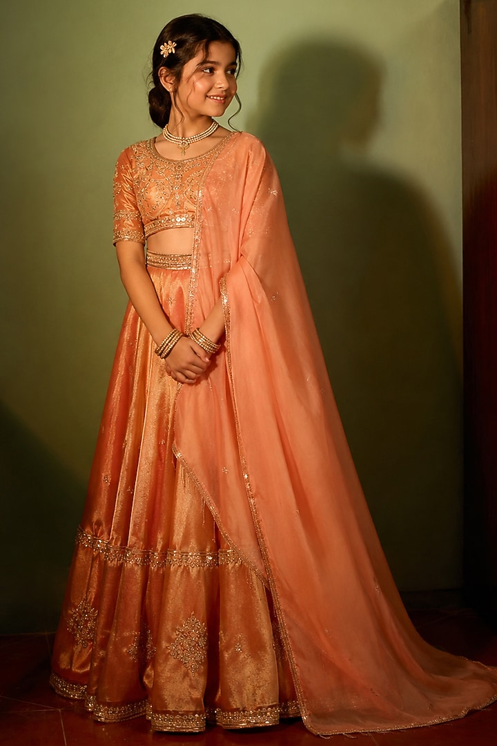 Orange Tissue Aari Embroidered Lehenga Set For Girls by Zoon Tribe Kids at Pernia's Pop Up Shop