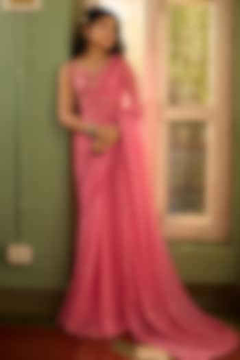 Pink Soft Georgette Aari Embroidered Pre-Stitched Saree Set For Girls by Zoon Tribe Kids at Pernia's Pop Up Shop