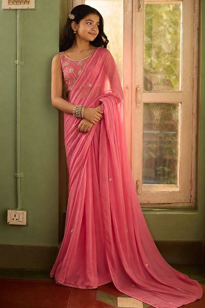 Pink Soft Georgette Aari Embroidered Pre-Stitched Saree Set For Girls by Zoon Tribe Kids at Pernia's Pop Up Shop