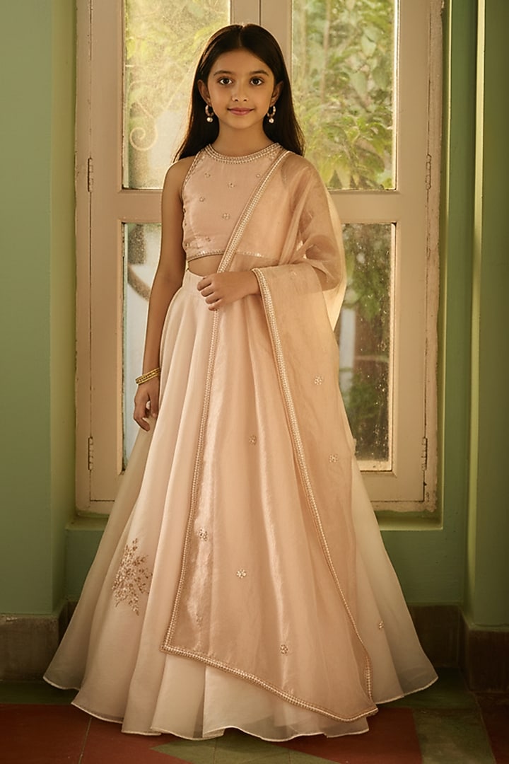 Ivory Satin Organza Aari Embroidered Lehenga Set For Girls by Zoon Tribe Kids at Pernia's Pop Up Shop