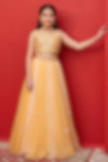 Yellow Ombre Silk Organza Aari Embroidered Lehenga Set For Girls by Zoon Tribe Kids at Pernia's Pop Up Shop