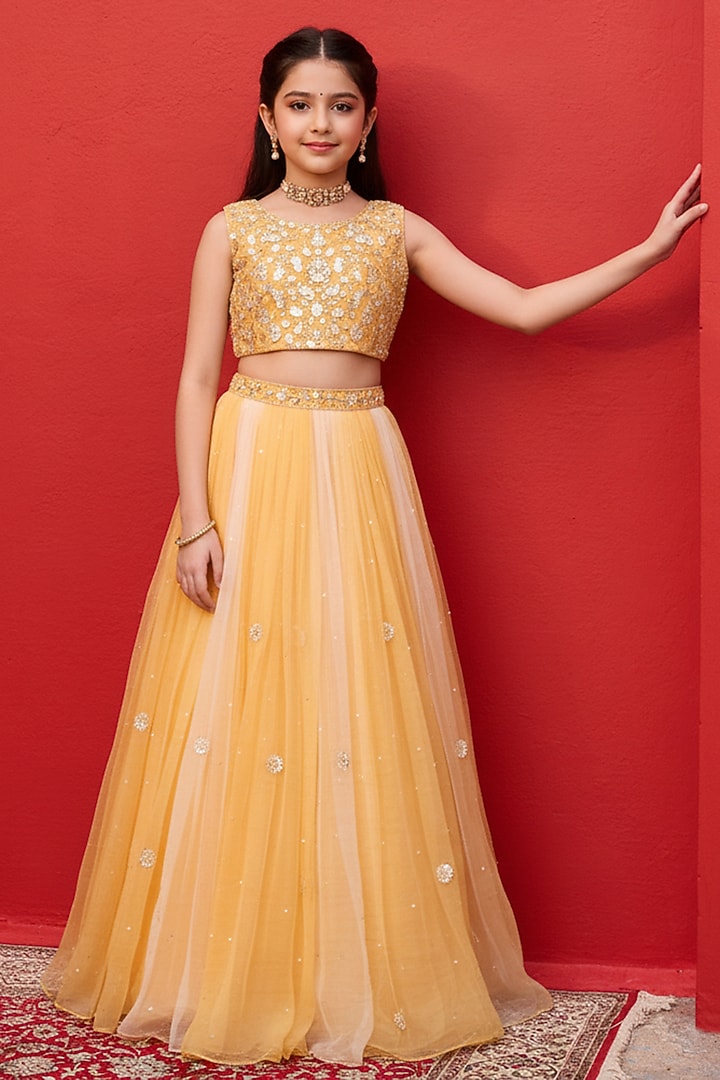 Yellow Ombre Silk Organza Aari Embroidered Lehenga Set For Girls by Zoon Tribe Kids at Pernia's Pop Up Shop