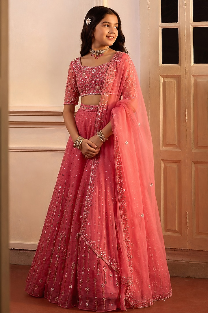Rouge Pink Silk Organza Aari Embroidered Lehenga Set For Girls by Zoon Tribe Kids at Pernia's Pop Up Shop
