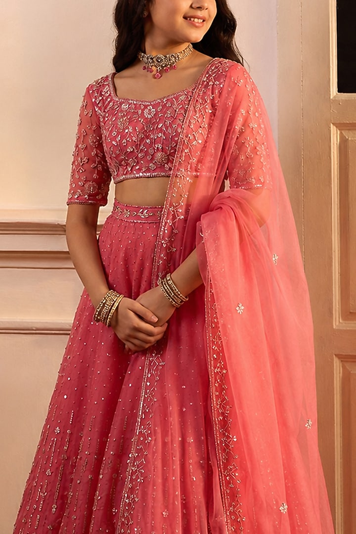 Rouge Pink Silk Organza Aari Embroidered Lehenga Set For Girls by Zoon Tribe Kids at Pernia's Pop Up Shop
