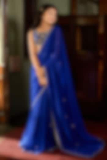 Cobalt Blue Satin Aari Embroidered Pre-Stitched Saree Set For Girls by Zoon Tribe Kids at Pernia's Pop Up Shop