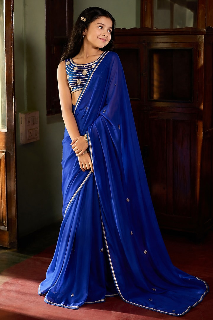 Cobalt Blue Satin Aari Embroidered Pre-Stitched Saree Set For Girls by Zoon Tribe Kids at Pernia's Pop Up Shop