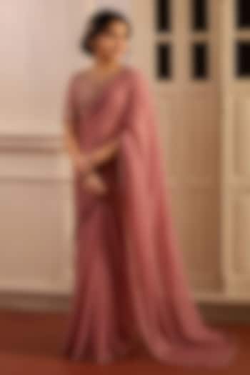 Dusty Onion Pink Metallic Georgette Aari Embroidered Pre-Pleated Saree Set For Girls by Zoon Tribe Kids at Pernia's Pop Up Shop