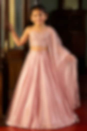 Soft Pink Satin Foil Aari Embroidered Lehenga Set For Girls by Zoon Tribe Kids at Pernia's Pop Up Shop