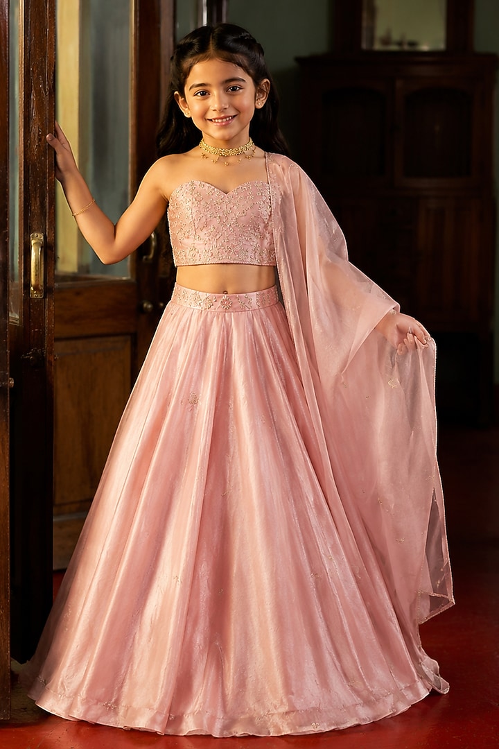 Soft Pink Satin Foil Aari Embroidered Lehenga Set For Girls by Zoon Tribe Kids at Pernia's Pop Up Shop