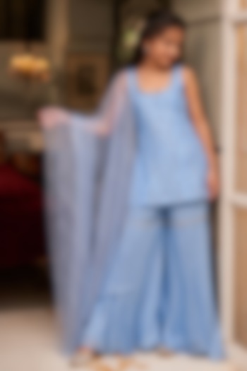 Ice Blue Flat Chiffon Sharara Set For Girls by Zoon Tribe Kids at Pernia's Pop Up Shop