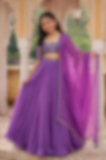 Purple Satin Organza Pleated Lehenga Set For Girls by Zoon Tribe Kids at Pernia's Pop Up Shop
