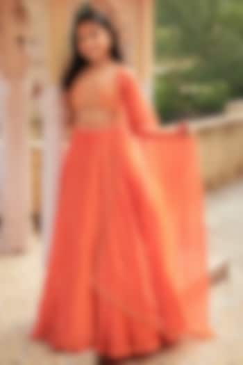 Orange Satin Organza Hand Embroidered Lehenga Set For Girls by Zoon Tribe Kids at Pernia's Pop Up Shop