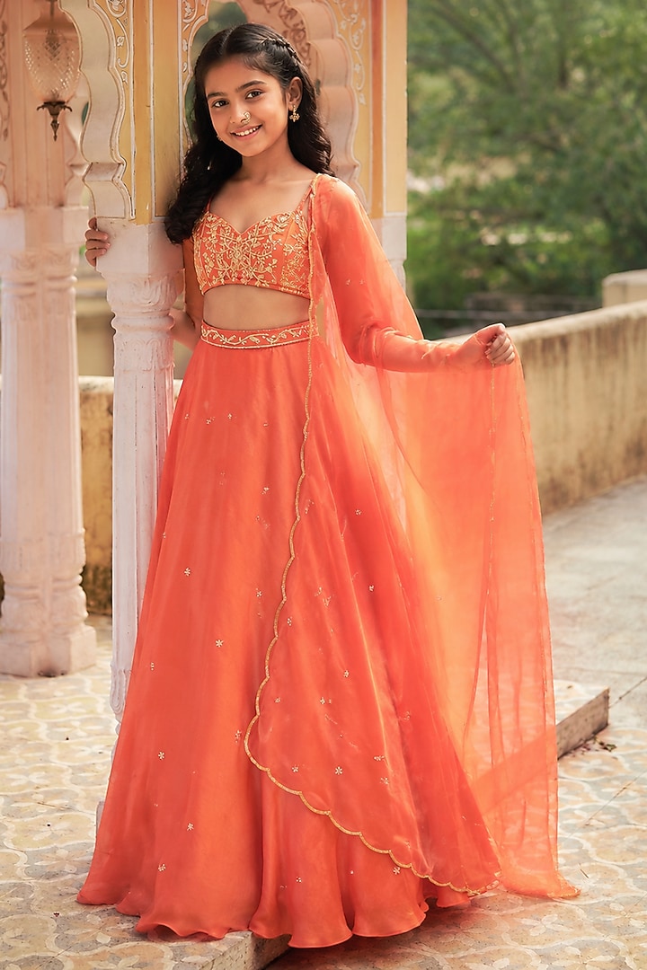 Orange Satin Organza Hand Embroidered Lehenga Set For Girls by Zoon Tribe Kids at Pernia's Pop Up Shop