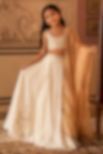 Ivory Satin Organza Jaal Embroidered Lehenga Set For Girls by Zoon Tribe Kids at Pernia's Pop Up Shop