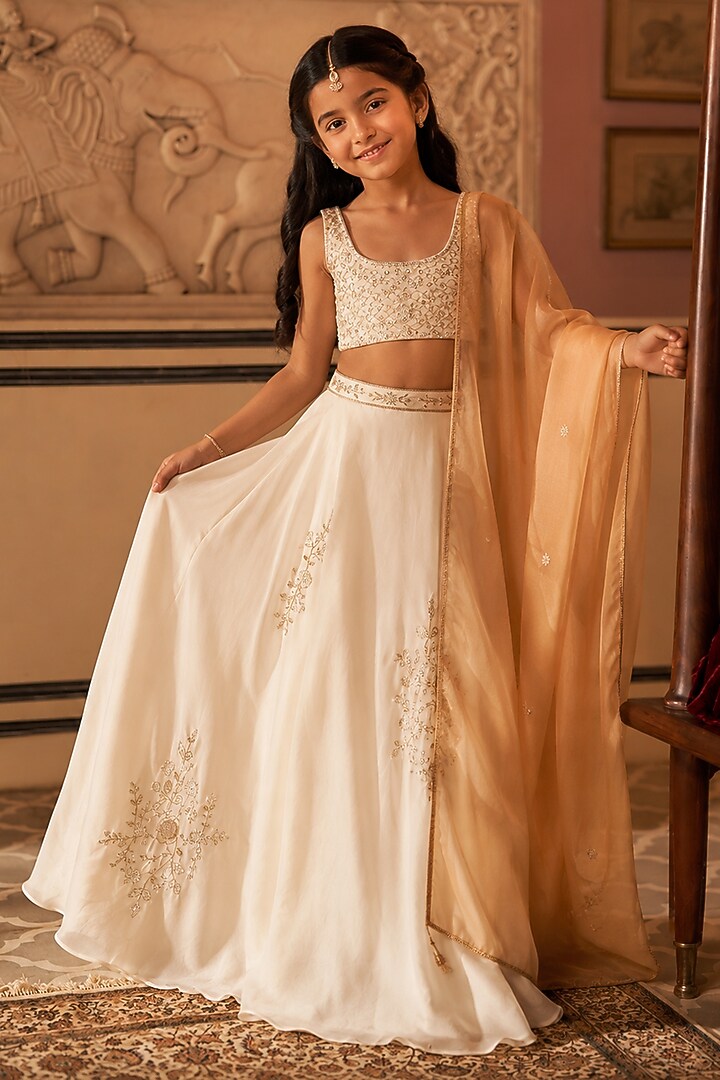 Ivory Satin Organza Jaal Embroidered Lehenga Set For Girls by Zoon Tribe Kids at Pernia's Pop Up Shop