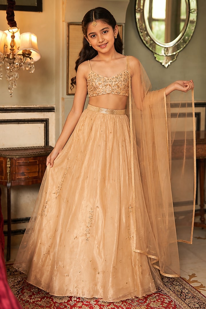 Golden Organza Tissue Pleated Lehenga Set For Girls by Zoon Tribe Kids at Pernia's Pop Up Shop