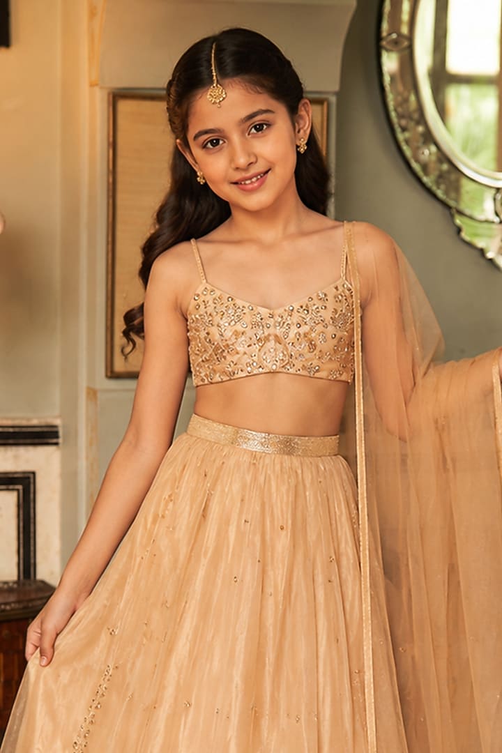 Golden Organza Tissue Pleated Lehenga Set For Girls by Zoon Tribe Kids at Pernia's Pop Up Shop