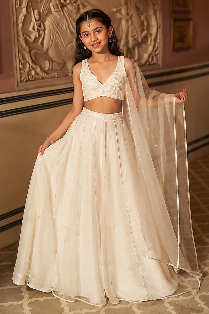 Off-White Silk Organza Kalidar Lehenga Set For Girls by Zoon Tribe Kids at Pernia's Pop Up Shop