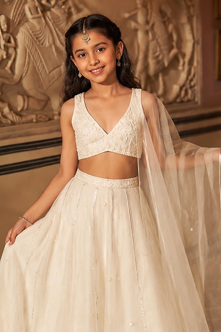 Off-White Silk Organza Kalidar Lehenga Set For Girls by Zoon Tribe Kids at Pernia's Pop Up Shop