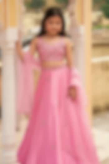 Pink Satin Organza Motif Embroidered Lehenga Set For Girls by Zoon Tribe Kids at Pernia's Pop Up Shop