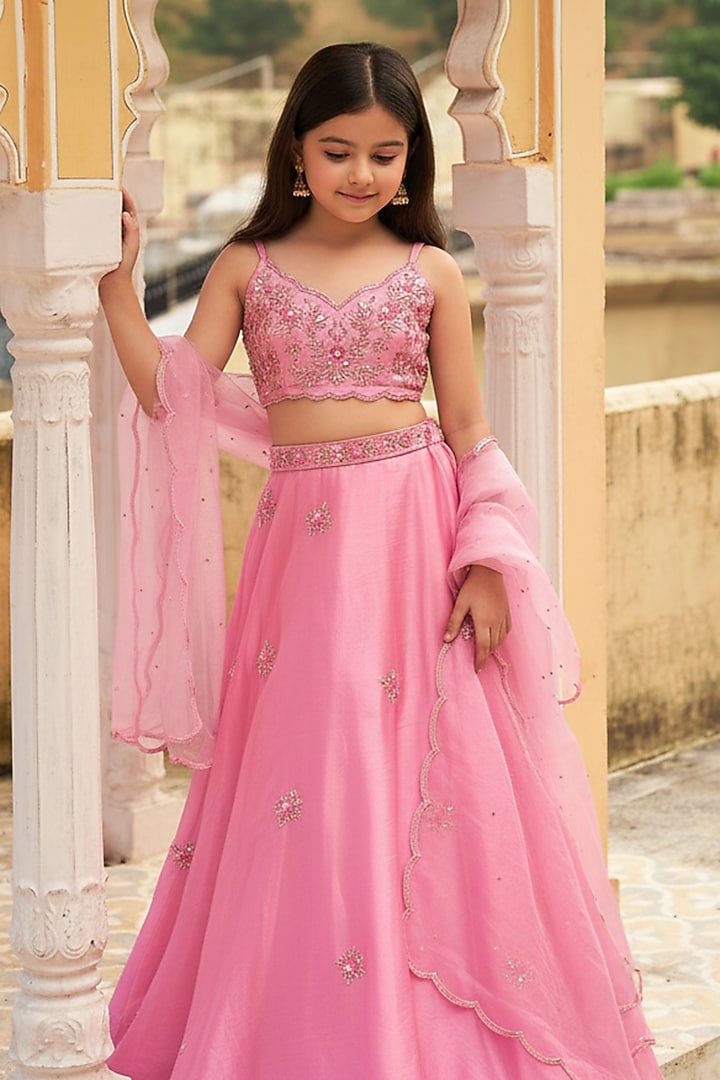 Pink Satin Organza Motif Embroidered Lehenga Set For Girls by Zoon Tribe Kids at Pernia's Pop Up Shop