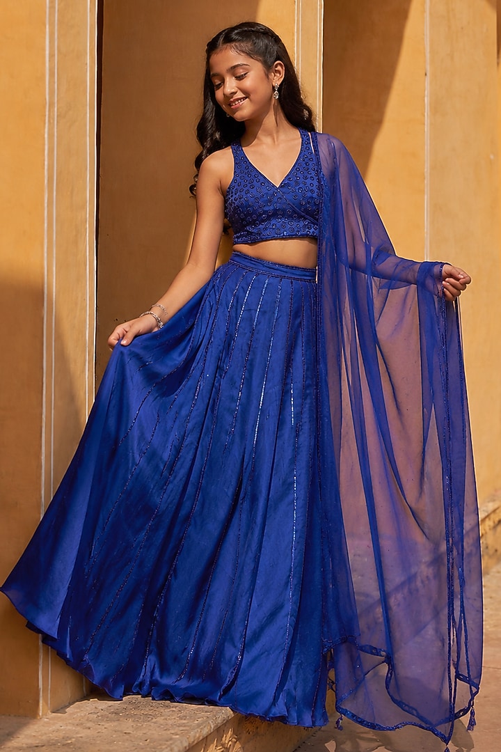 Blue Silk Organza Hand Embroidered Kalidar Lehenga Set For Girls by Zoon Tribe Kids at Pernia's Pop Up Shop