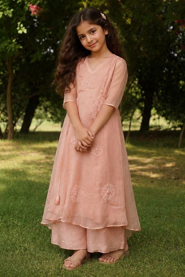 Rose Gold Silk Organza Hand Embroidered Kurta Set For Girls by Zoon Tribe Kids at Pernia's Pop Up Shop