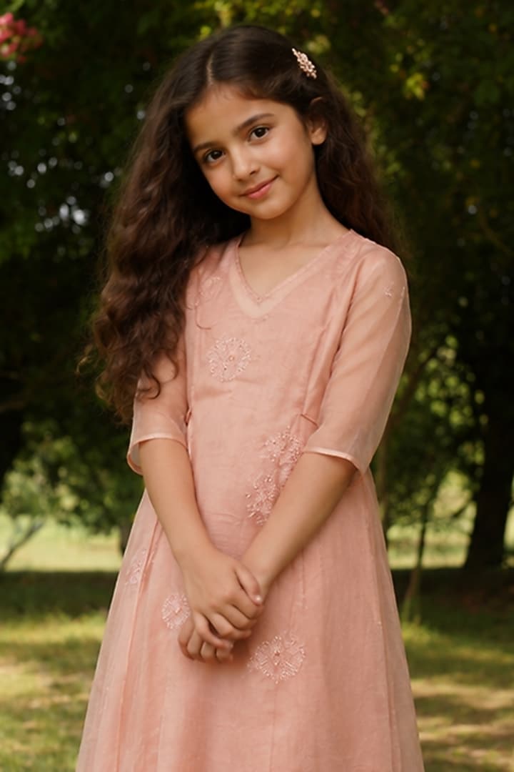Rose Gold Silk Organza Hand Embroidered Kurta Set For Girls by Zoon Tribe Kids at Pernia's Pop Up Shop