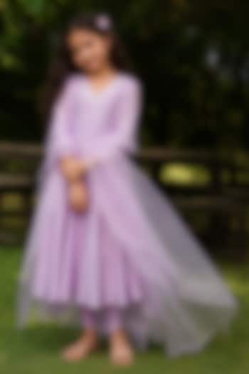 Lilac Pure Chanderi Aari Hand Embroidered Anarkali Set For Girls by Zoon Tribe Kids at Pernia's Pop Up Shop