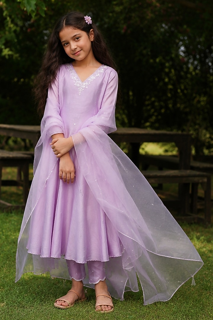 Lilac Pure Chanderi Aari Hand Embroidered Anarkali Set For Girls by Zoon Tribe Kids at Pernia's Pop Up Shop