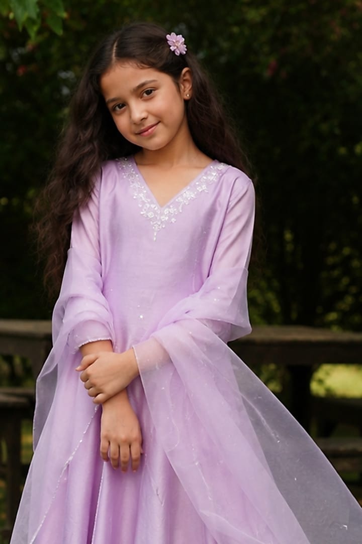 Lilac Pure Chanderi Aari Hand Embroidered Anarkali Set For Girls by Zoon Tribe Kids at Pernia's Pop Up Shop