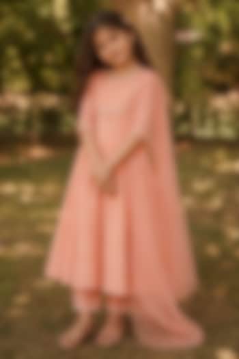 Peach Coral Pure Chanderi Aari Embroidered Anarkali Set For Girls by Zoon Tribe Kids at Pernia's Pop Up Shop