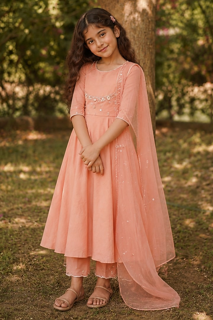 Peach Coral Pure Chanderi Aari Embroidered Anarkali Set For Girls by Zoon Tribe Kids at Pernia's Pop Up Shop