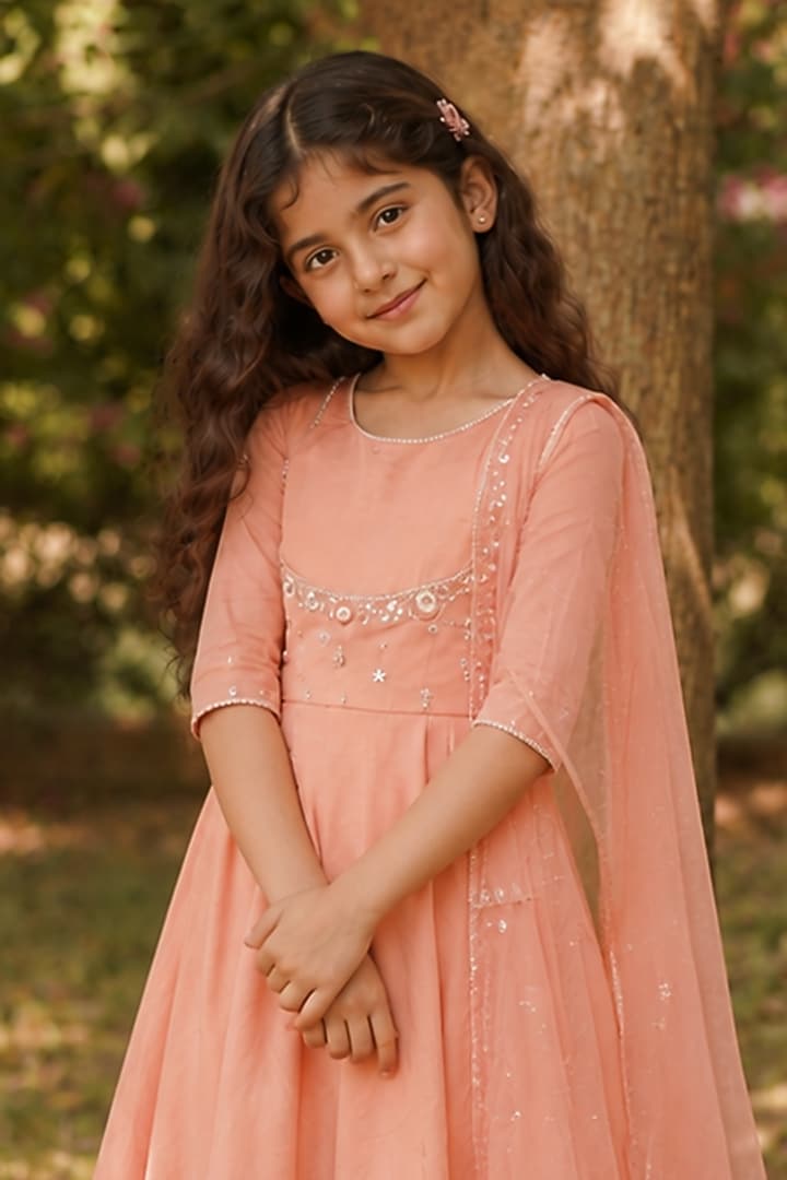 Peach Coral Pure Chanderi Aari Embroidered Anarkali Set For Girls by Zoon Tribe Kids at Pernia's Pop Up Shop