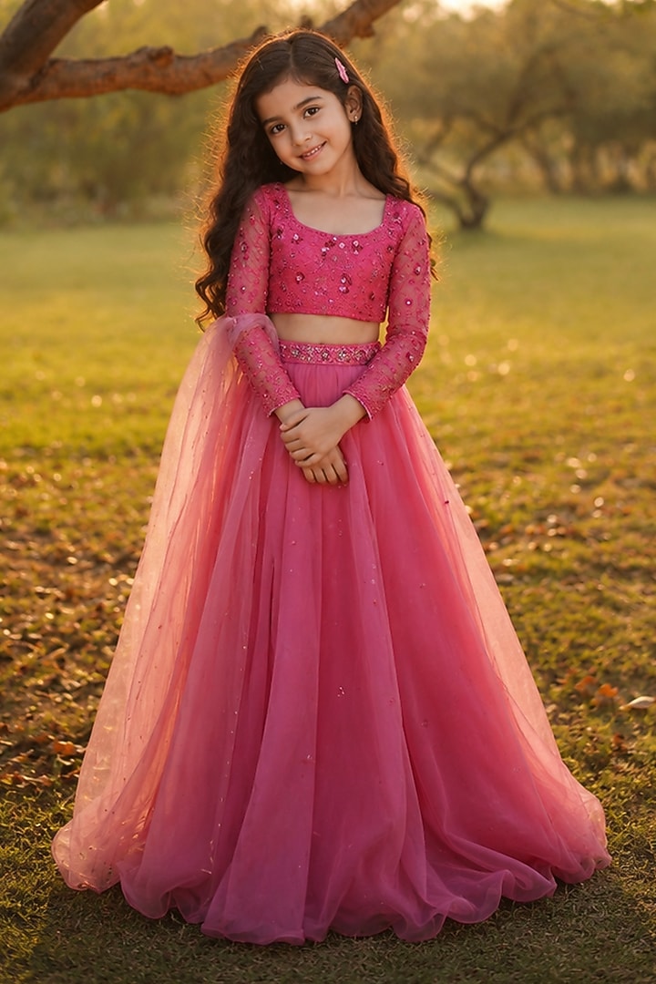 Pink Silk Organza Lehenga Set For Girls by Zoon Tribe Kids at Pernia's Pop Up Shop