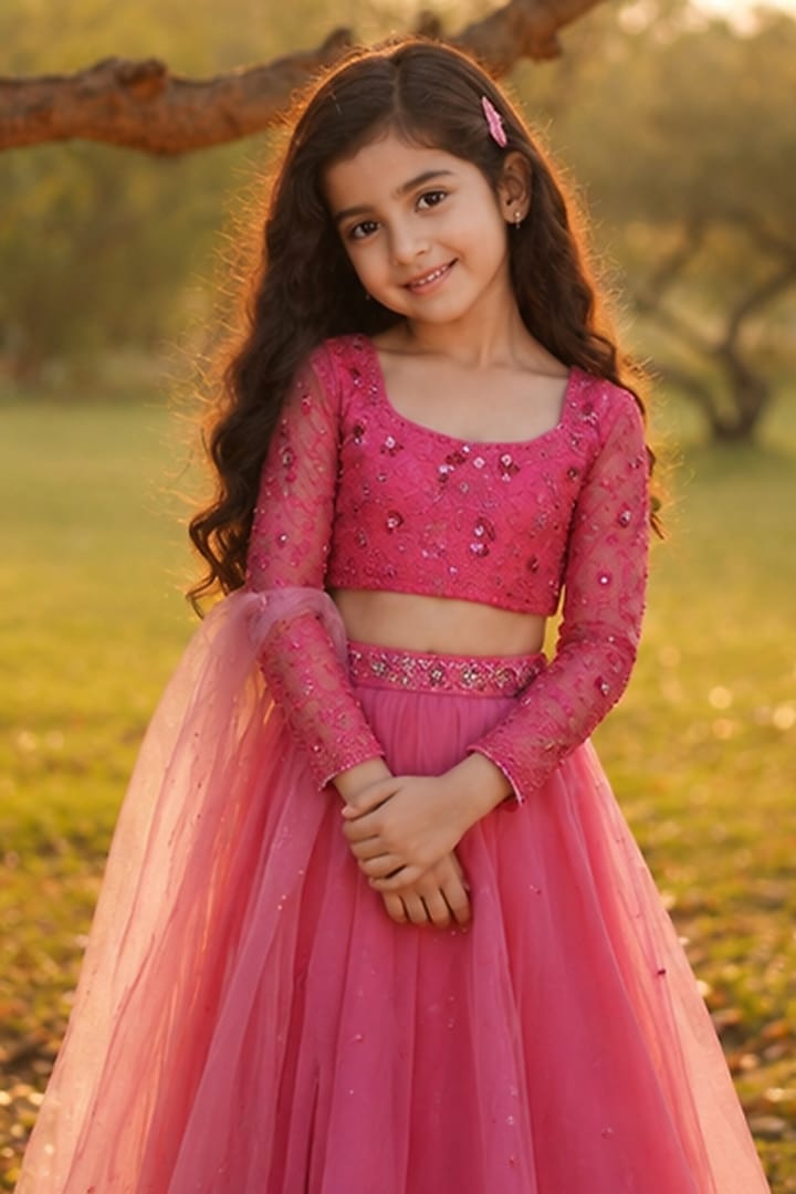 Pink Silk Organza Lehenga Set For Girls by Zoon Tribe Kids at Pernia's Pop Up Shop