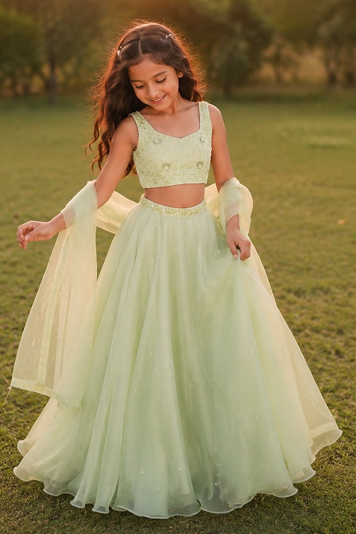 Light Green Silk Organza Lehenga Set For Girls by Zoon Tribe Kids at Pernia's Pop Up Shop