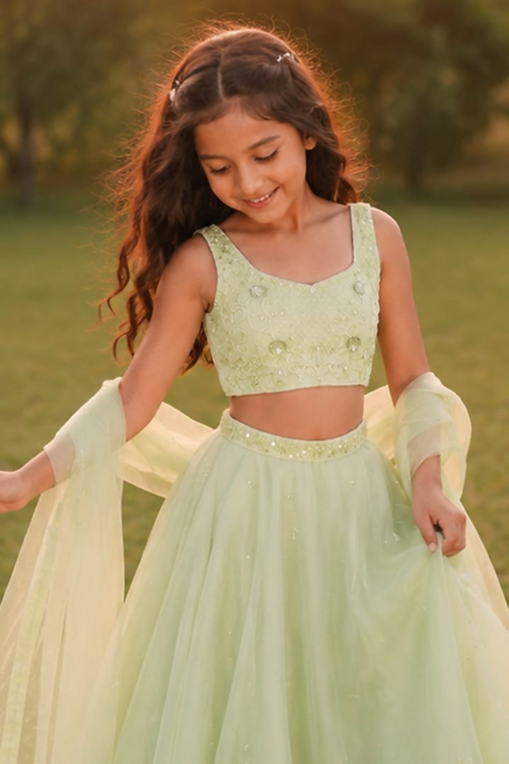 Light Green Silk Organza Lehenga Set For Girls by Zoon Tribe Kids at Pernia's Pop Up Shop