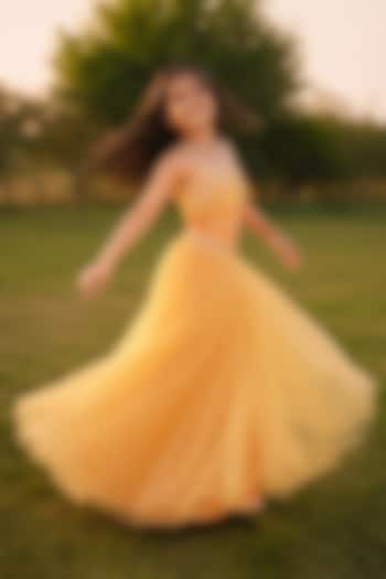 Yellow Silk Organza Lehenga Set For Girls by Zoon Tribe Kids at Pernia's Pop Up Shop