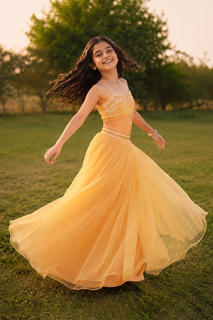 Yellow Silk Organza Lehenga Set For Girls by Zoon Tribe Kids at Pernia's Pop Up Shop
