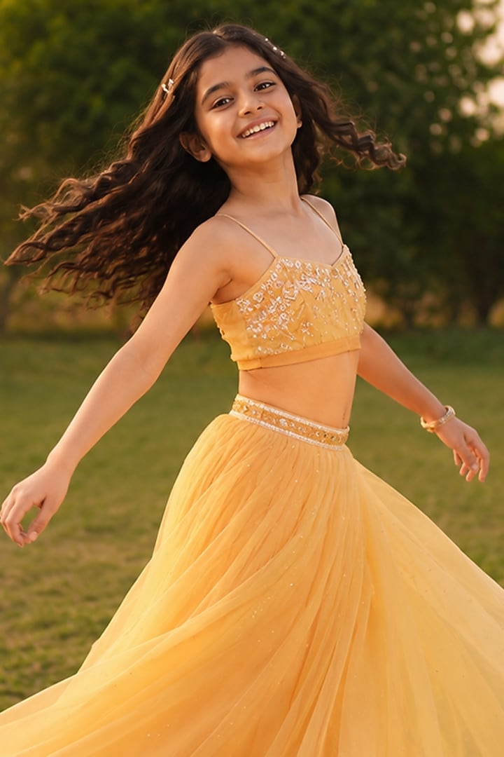 Yellow Silk Organza Lehenga Set For Girls by Zoon Tribe Kids at Pernia's Pop Up Shop