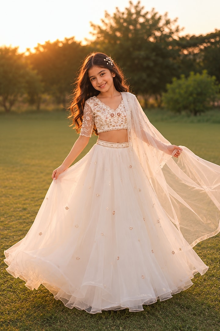 Off-White Silk Organza Lehenga Set For Girls by Zoon Tribe Kids at Pernia's Pop Up Shop