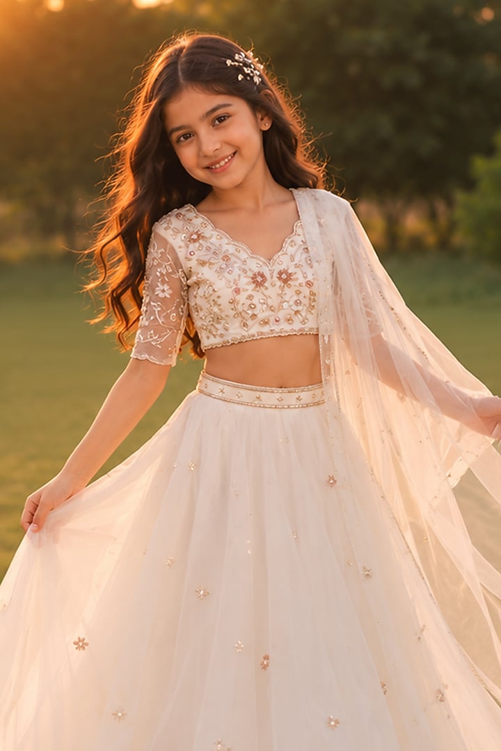 Off-White Silk Organza Lehenga Set For Girls by Zoon Tribe Kids at Pernia's Pop Up Shop