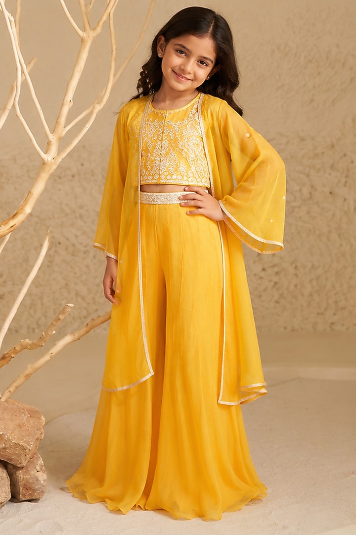Mustard Crush Organza Jacket Set For Girls by Zoon Tribe Kids at Pernia's Pop Up Shop