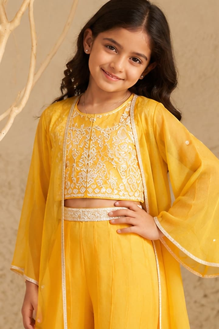 Mustard Crush Organza Jacket Set For Girls by Zoon Tribe Kids at Pernia's Pop Up Shop