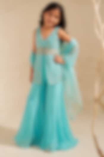 Aqua Blue Organza Sharara Set For Girls by Zoon Tribe Kids at Pernia's Pop Up Shop