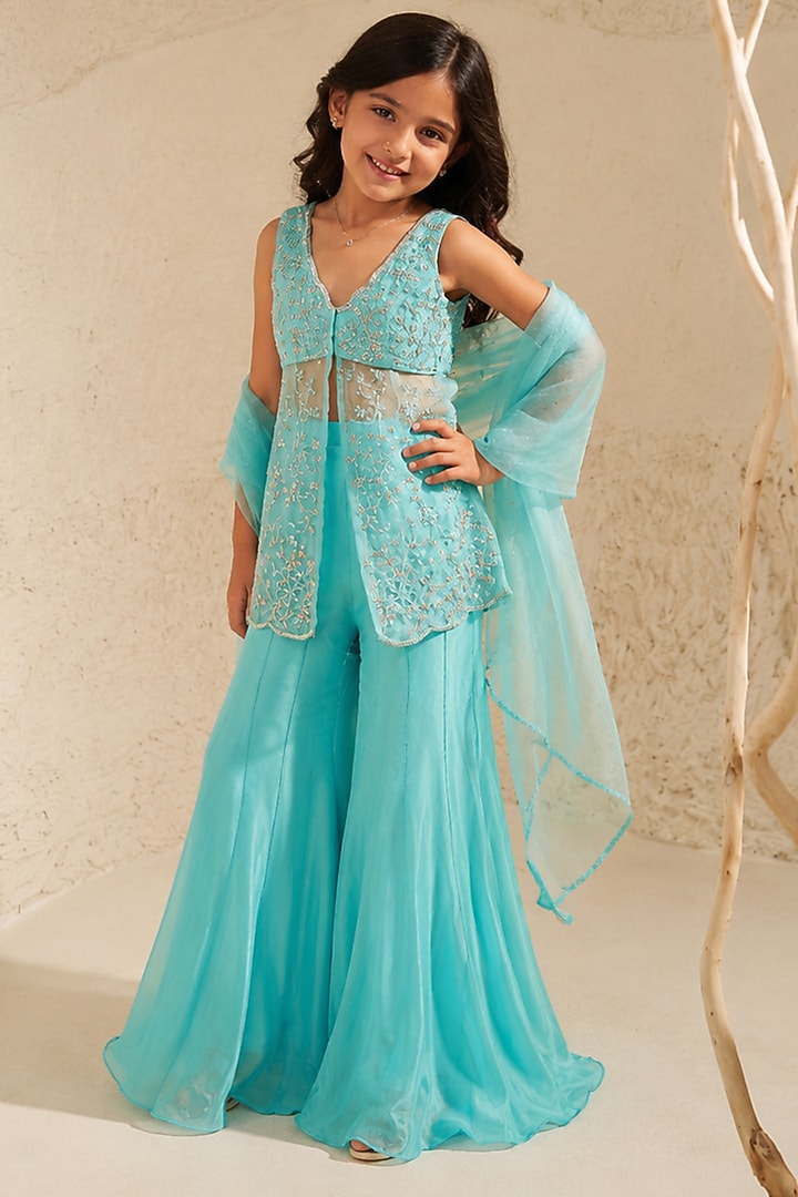 Aqua Blue Organza Sharara Set For Girls by Zoon Tribe Kids at Pernia's Pop Up Shop