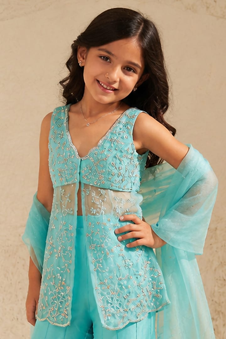 Aqua Blue Organza Sharara Set For Girls by Zoon Tribe Kids at Pernia's Pop Up Shop
